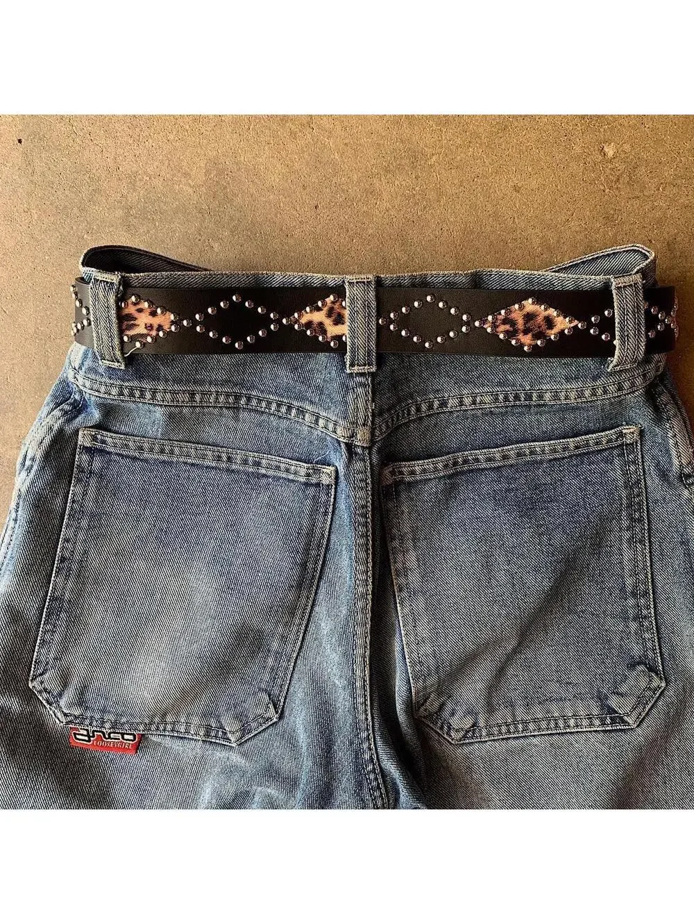 Vintage Y2K style Cheetah Print Studded Black Belt. 39 inches fits a 26-34